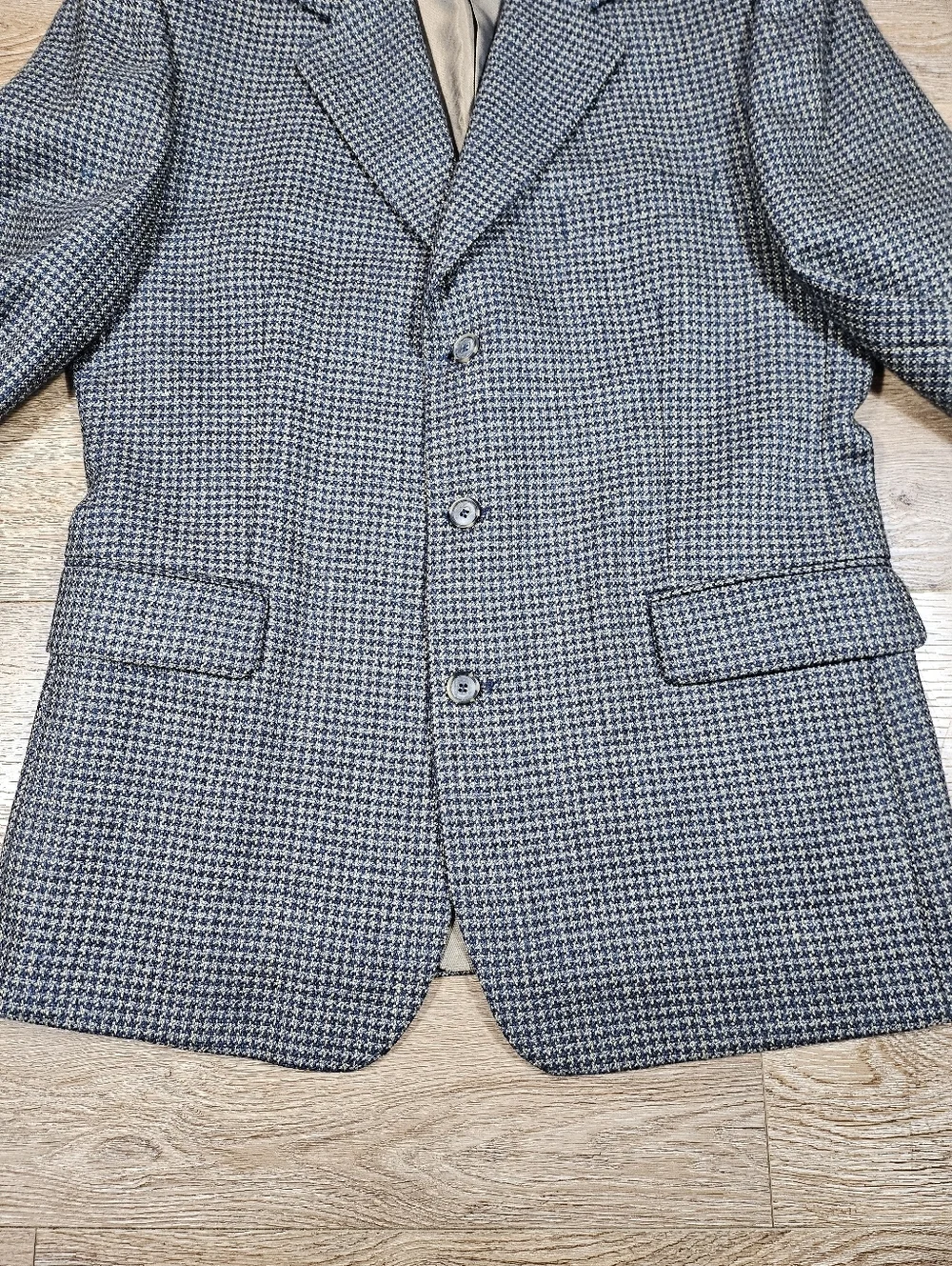 Vintage J Riggings 100% Wool Tweed Blue Tan Houndstooth Sport Coat Blazer 42R